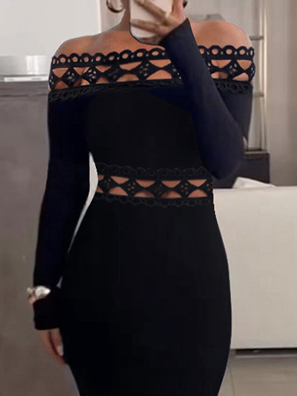 Hollow Solid Color Split-Joint Bodycon Long Sleeves Off-The-Shoulder Midi Dresses