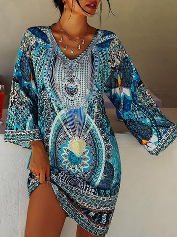 Printed Split-Joint A-Line Flared Sleeves V-Neck Mini Dresses