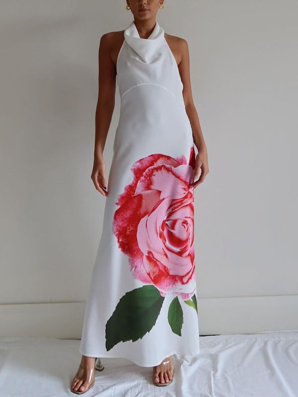 Backless Flower Print Bodycon Sleeveless Half Turtleneck Maxi Dresses