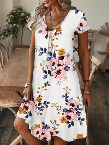 Flower Print Roomy Short Sleeves V-Neck Mini Dresses