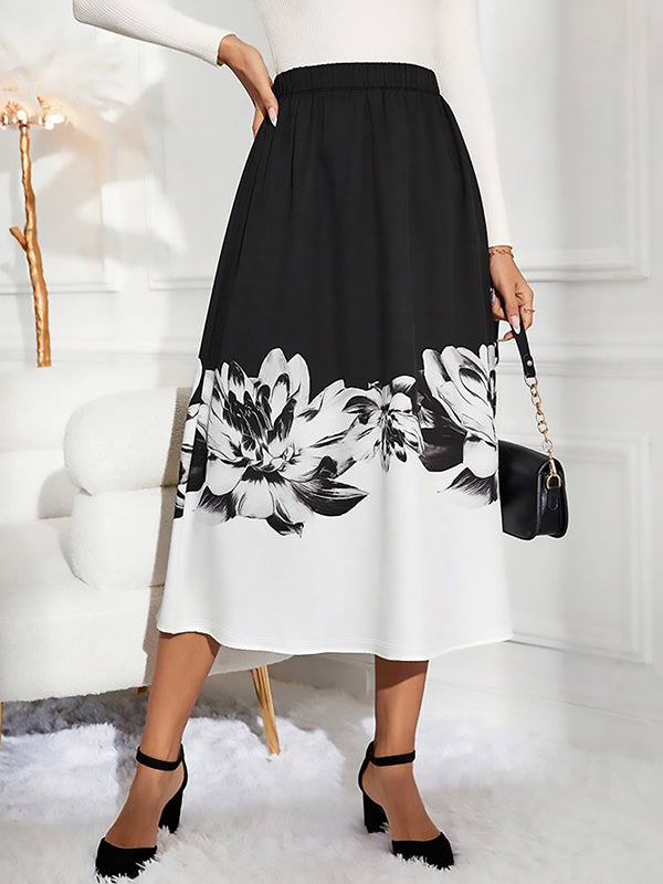 Elasticity Flower Print A-Line Loose Skirts Bottoms