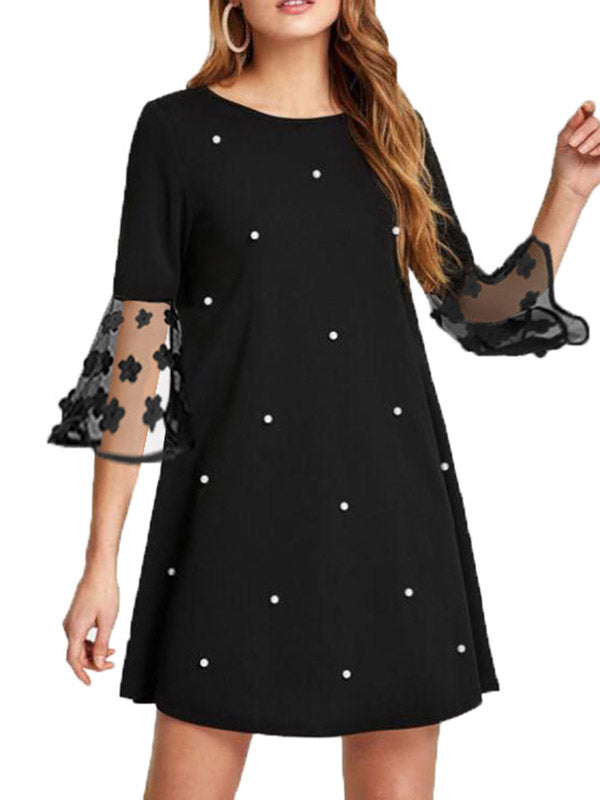 Mesh Polka-Dot Split-Joint Three-Dimensional Flower A-line Loose Round-neck Mini Dresses