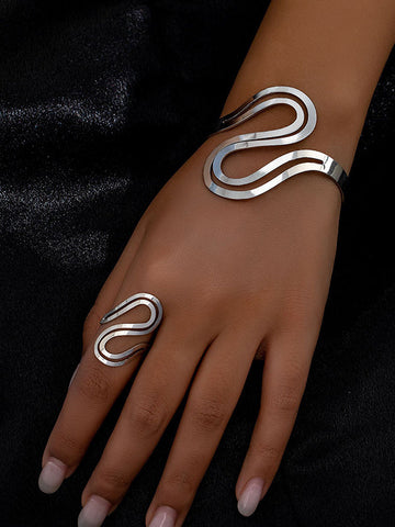 Geometric Hollow Solid Color Bracelet + Rings Accessories Two Pieces