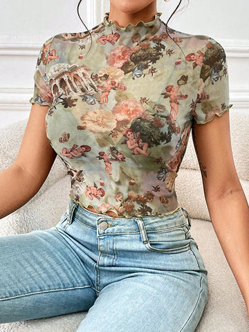 Figure Flower Print Ruffle Trim See-Through Short Sleeves Skinny Mock Neck T-Shirts Tops