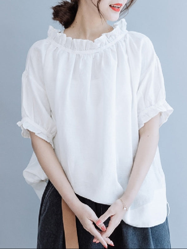 Ruffled Solid Color Half Sleeves Loose Round-Neck T-Shirts Tops