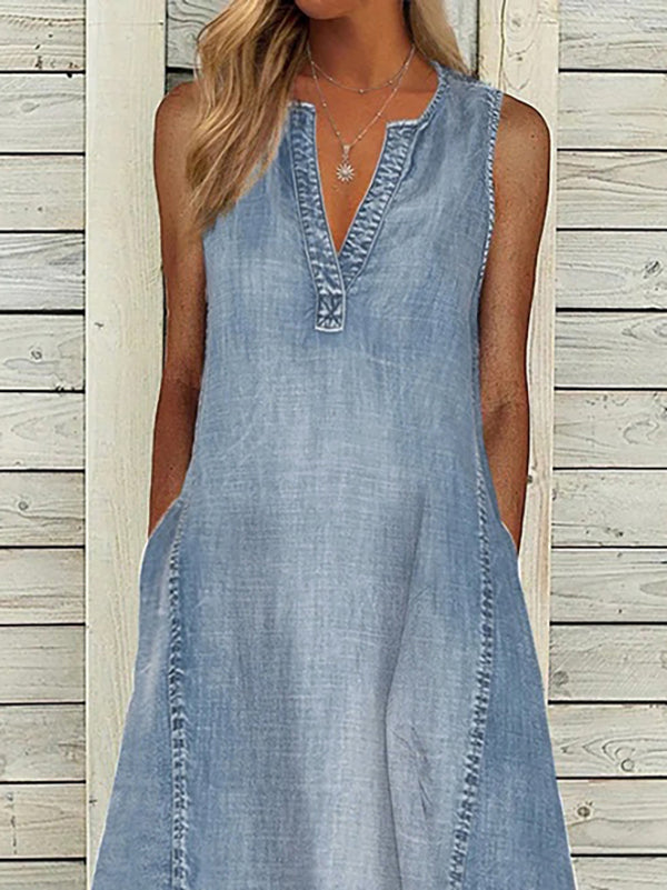 Pockets Loose Sleeveless V-Neck Denim Midi Dresses