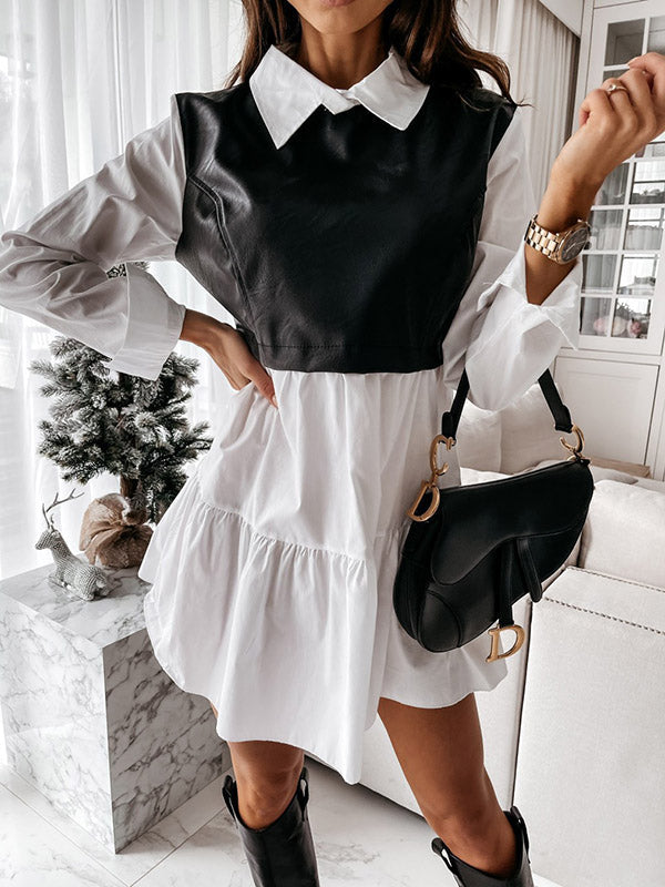 Contrast Color Pleated Split-Joint Long Sleeves Loose Lapel Mini Dresses