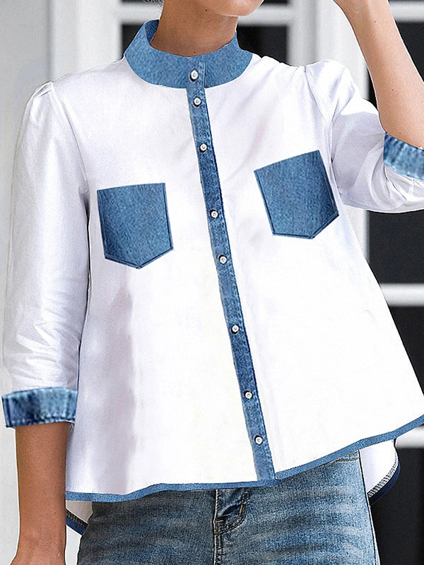 Buttoned Pockets A-Line High-Low Mock Neck Blouses&Shirts Tops