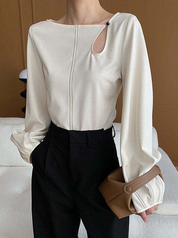 Asymmetric Belly-Hollow Solid Color Long Sleeves Loose Round-Neck Blouses&Shirts Tops