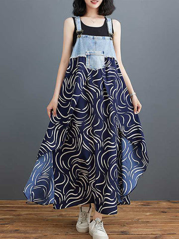 Contrast Color Pockets Printed Split-Joint A-Line Loose Spaghetti-Neck Suspender Dress Maxi Dresses