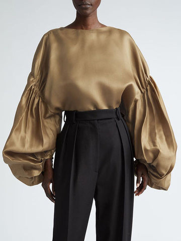 Elasticity Pleated Solid Color Split-Joint Long Sleeves Loose Round-neck Blouses&shirts Tops