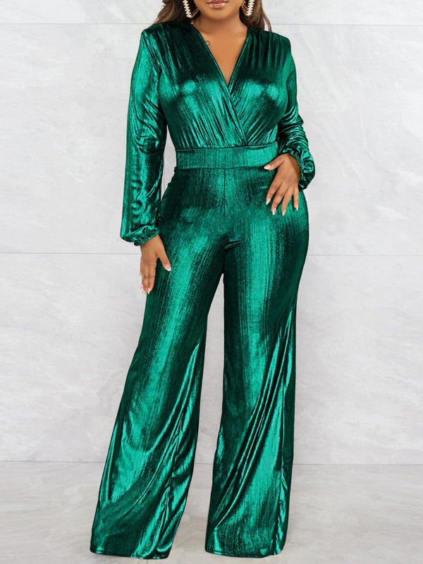 Elasticity Shiny Solid Color Bodycon High Waisted V-Neck Jumpsuits