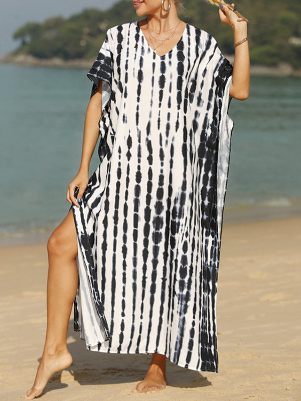 Printed Split-Side Sun Protection Loose Short Sleeves V-Neck Maxi Dresses