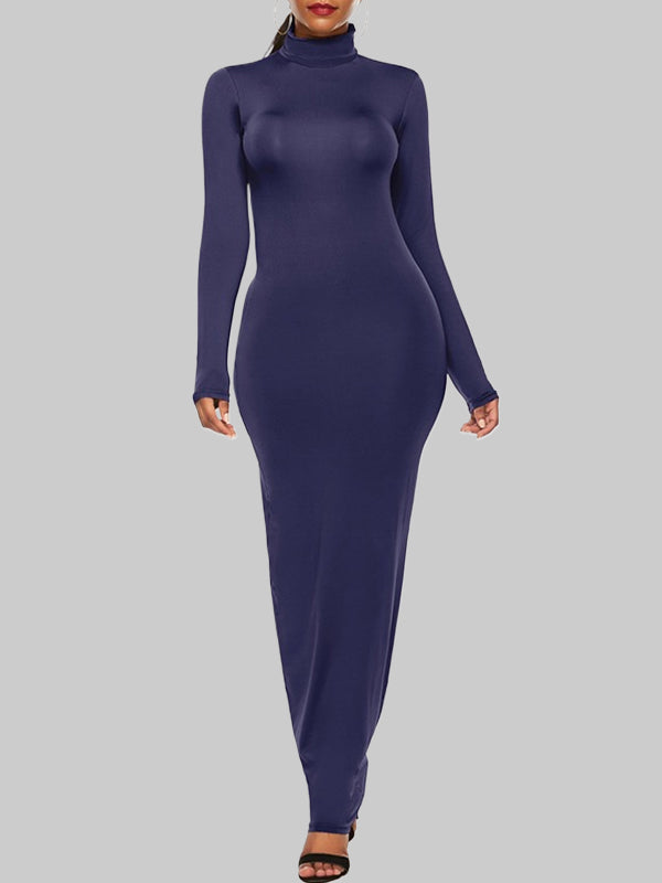 Solid Color Bodycon Long Sleeves High Neck Maxi Dresses