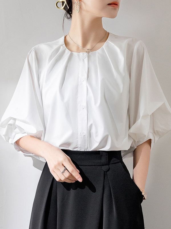 Buttoned Pleated Solid Color Half Sleeves Loose Round-Neck Blouses&Shirts Tops