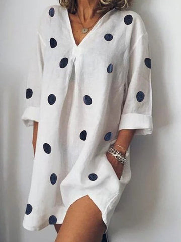 Pockets Polka-Dot Loose Three-Quarter Sleeves V-Neck Mini Dresses