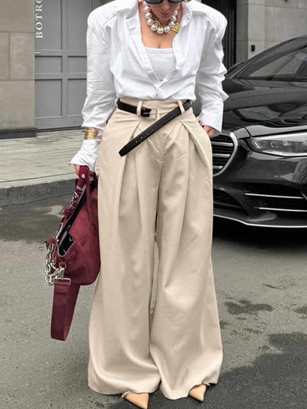 Pleated Solid Color Split-Joint High Waisted Loose Trousers Suit Pants