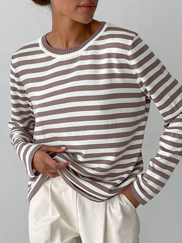 Split-Joint Striped Long Sleeves Loose Round-Neck Sweater Tops