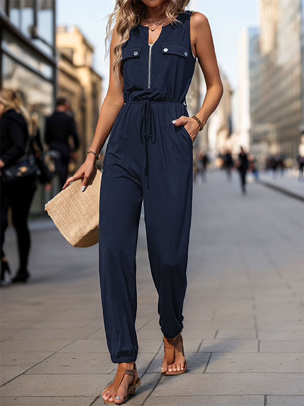 Solid Color Zipper Sleeveless V-Neck Jumpsuits