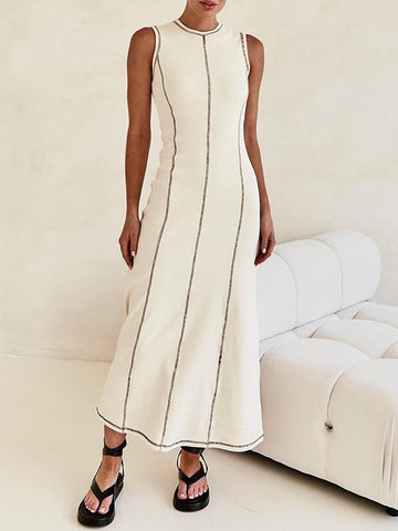 Split-Joint Striped A-Line Sleeveless Round-Neck Maxi Dresses