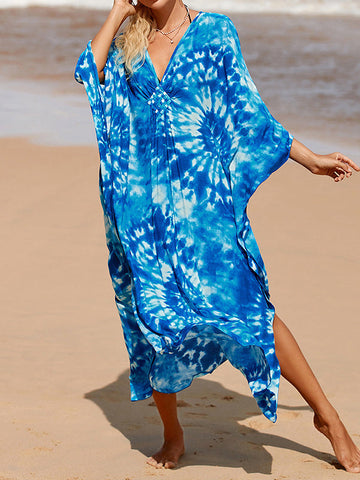 Split-Joint Split-Side Sun Protection Tie-Dyed Batwing Sleeves Loose V-Neck Maxi Dresses Beach Cover-Up