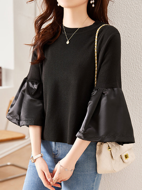 Pleated Split-Joint Flared Sleeves Long Sleeves Round-neck T-Shirts Tops