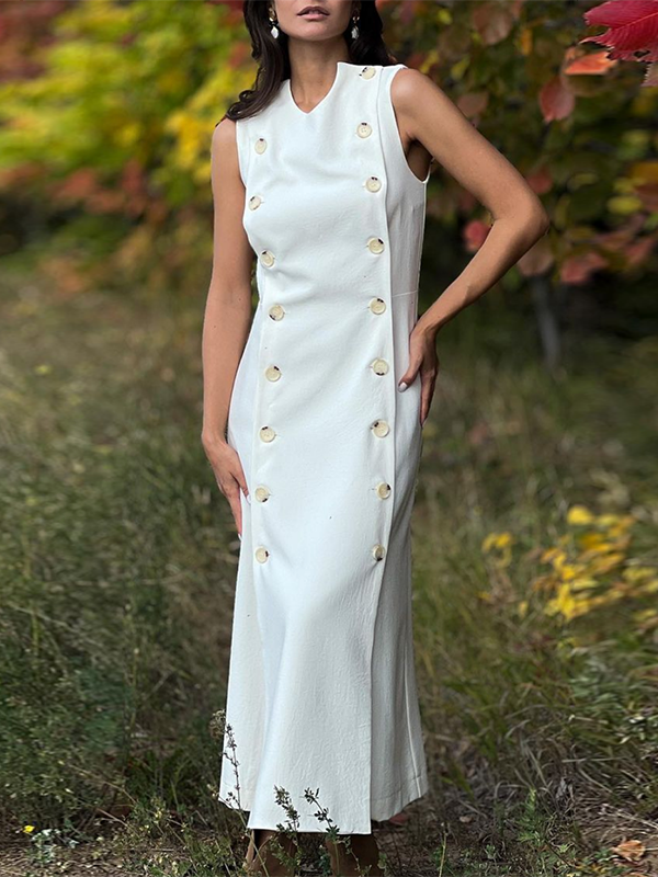 Plain Split-Joint Split-Side Column Sleeveless Round-Neck Maxi Dresses