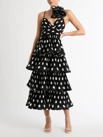 Layered Pleated Polka-Dot Ruffle Trim Split-Joint Three-Dimensional Flower Zipper High Waisted Sleeveless Spaghetti-Neck Midi Dresses