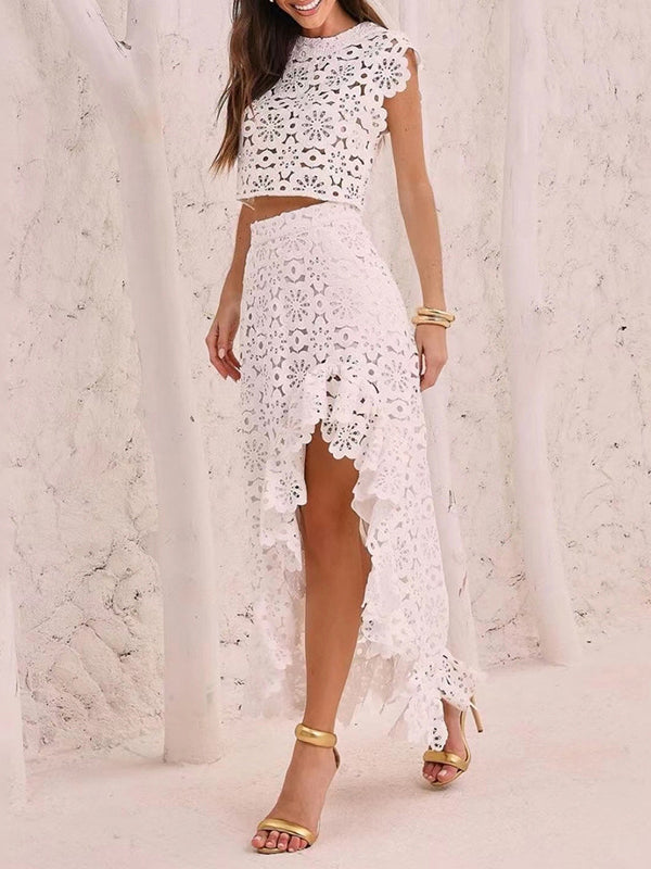 Jacquard Plain Flower Print Hollow Round-Neck Vest Top + Ruffle Trim Bodycon High-Low Skirts Bottom Two Pieces Set