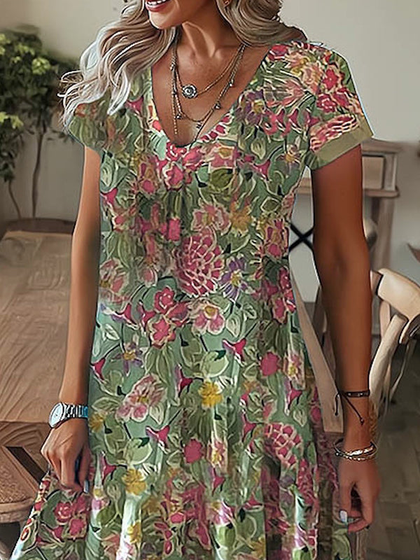 Flower Print Leaves Print Loose Short Sleeves V-neck Mini Dresses