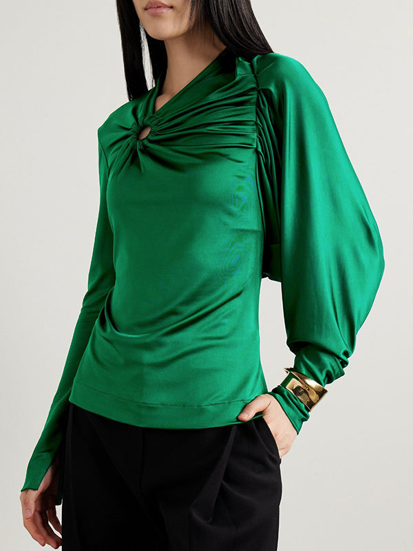 Hollow Pleated Solid Color Long Sleeves V-Neck Blouses&Shirts Tops