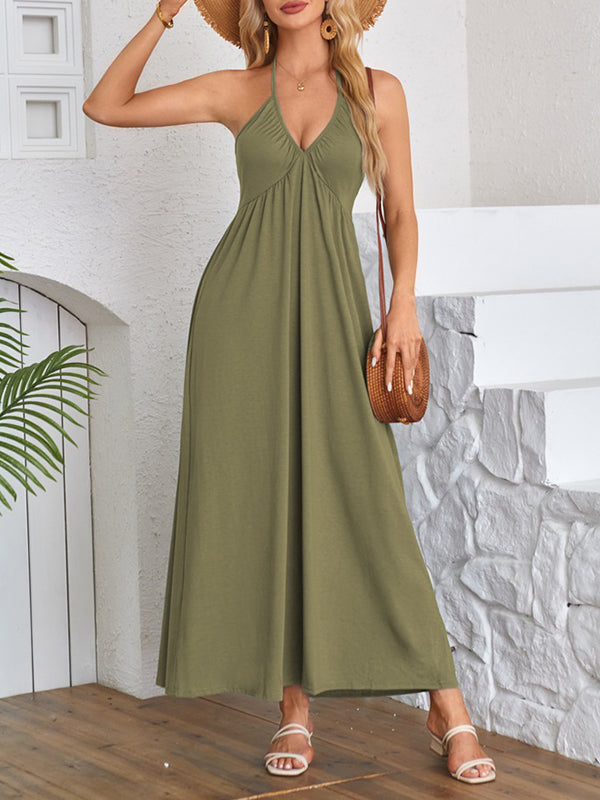 Pleated Solid Color Split-Joint A-Line Loose Deep V-Neck Maxi Dresses