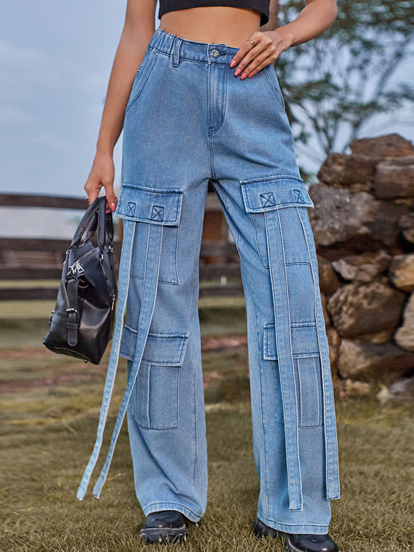 High-Waisted Pockets Split-Joint Streamer Loose Straight Leg Jean Pants Bottoms