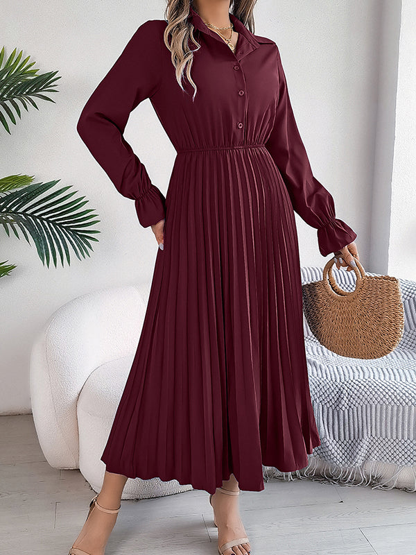 Buttoned Elasticity Pleated Solid Color A-Line Flared Sleeves Lapel Maxi Dresses