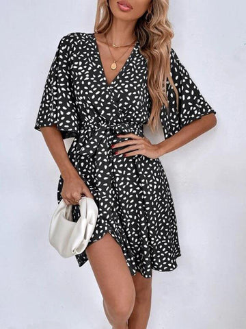 Pleated Printed Ruffled Tied Waist Half Sleeves Loose V-Neck Mini Dresses