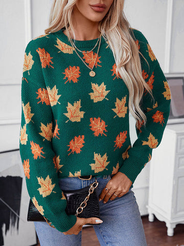 Contrast Color Jacquard Knitted Leaves Split-Joint Long Sleeves Loose Round-Neck Sweater Tops Pullovers