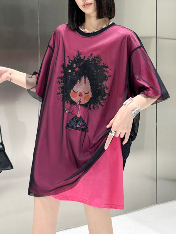 Gauze Printed Split-Joint Tiered False Two Loose Round-Neck T-Shirts Tops