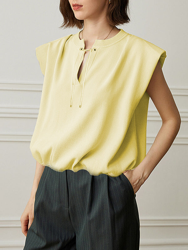 Elasticity Shoulder Pad Solid Color Tied Loose Sleeveless V-Neck Vest Top