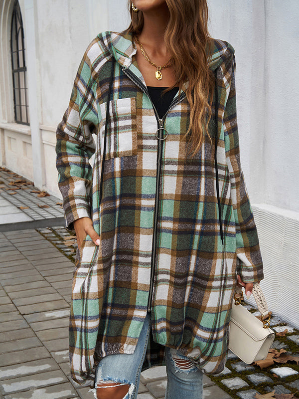 Contrast Color Drawstring Elasticity Plaid Pockets Split-Joint Zipper Hooded Long Sleeves Round-Neck Outerwear