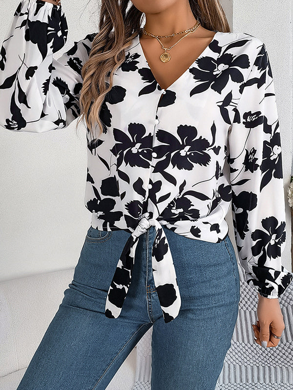 Buttoned Elasticity Flower Print Tied Long Sleeves Loose V-Neck Blouses&Shirts Tops