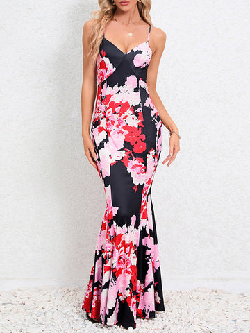 Flower Print Split-Joint Bodycon Mermaid Spaghetti-Neck Maxi Dresses