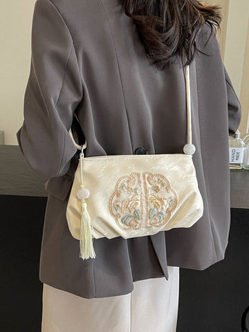 Embroidered Pleated Tasseled Zipper Crossbody Bags