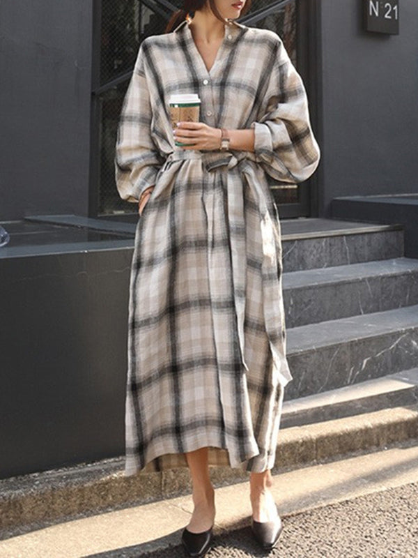 Plaid Split-Joint Tied Waist Long Sleeves Loose Lapel Shirt Dress Maxi Dresses