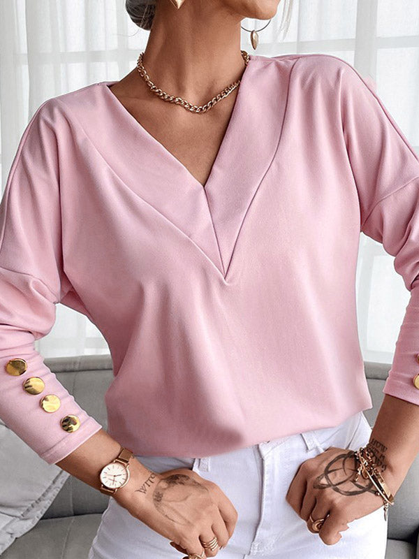 Buttoned Long Sleeves Loose V-Neck T-Shirts Tops