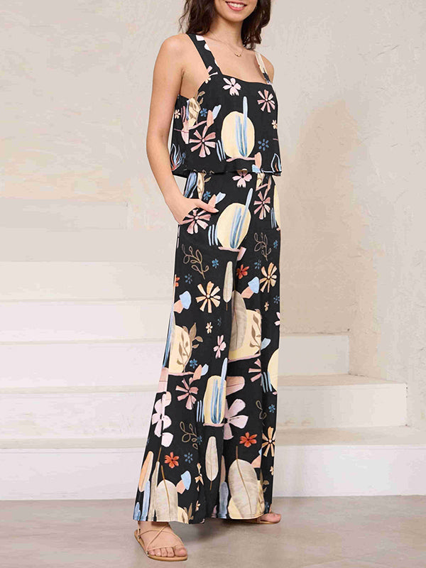 Elasticity Pockets Printed Loose Sleeveless Spaghetti-Neck Jumpsuits