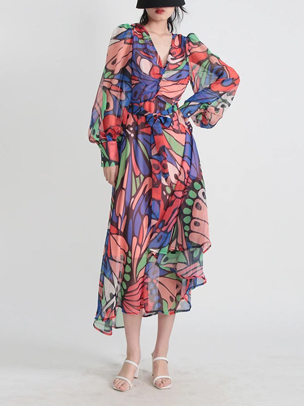 Buttoned Printed Split-Joint High Waisted Long Sleeves V-Neck Midi Dresses