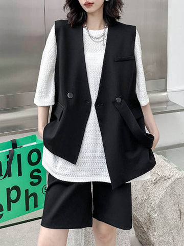 Asymmetric Split-Joint Tied Waist Loose Sleeveless V-neck Vest Outerwear