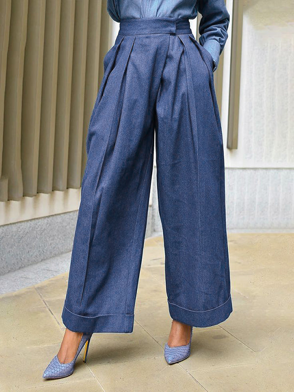 Pleated Pockets Solid Color High Waisted Loose Wide Leg Jean Pants Bottoms