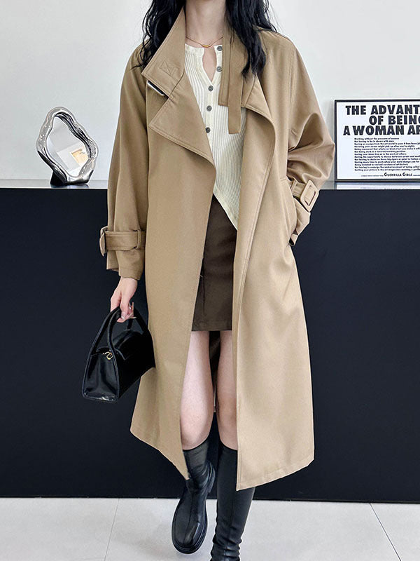 Buckle Pockets Solid Color Split-Back Tied Waist Long Sleeves Loose Lapel Trench Coats