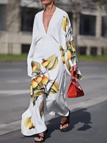 Backless Flower Print Batwing Sleeves Long Sleeves Deep V-Neck Maxi Dresses